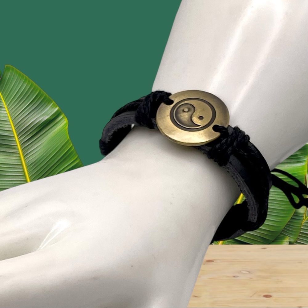 Unisex Handcrafted Black Leather Adjustable Cord Bracelet With Brass Yin Yang